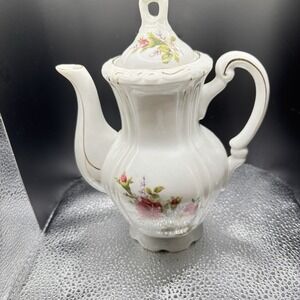 VTG Unmarked Porecelain Coffee Pot & Lid Pink Roses Gold Cottage Core Country